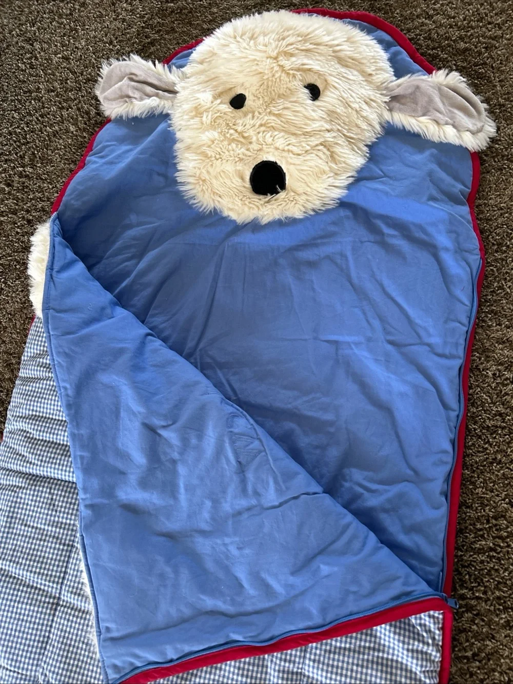 Pottery Barn Kids Shaggy Dog Sleeping Bag Blue White Check NO Monogram